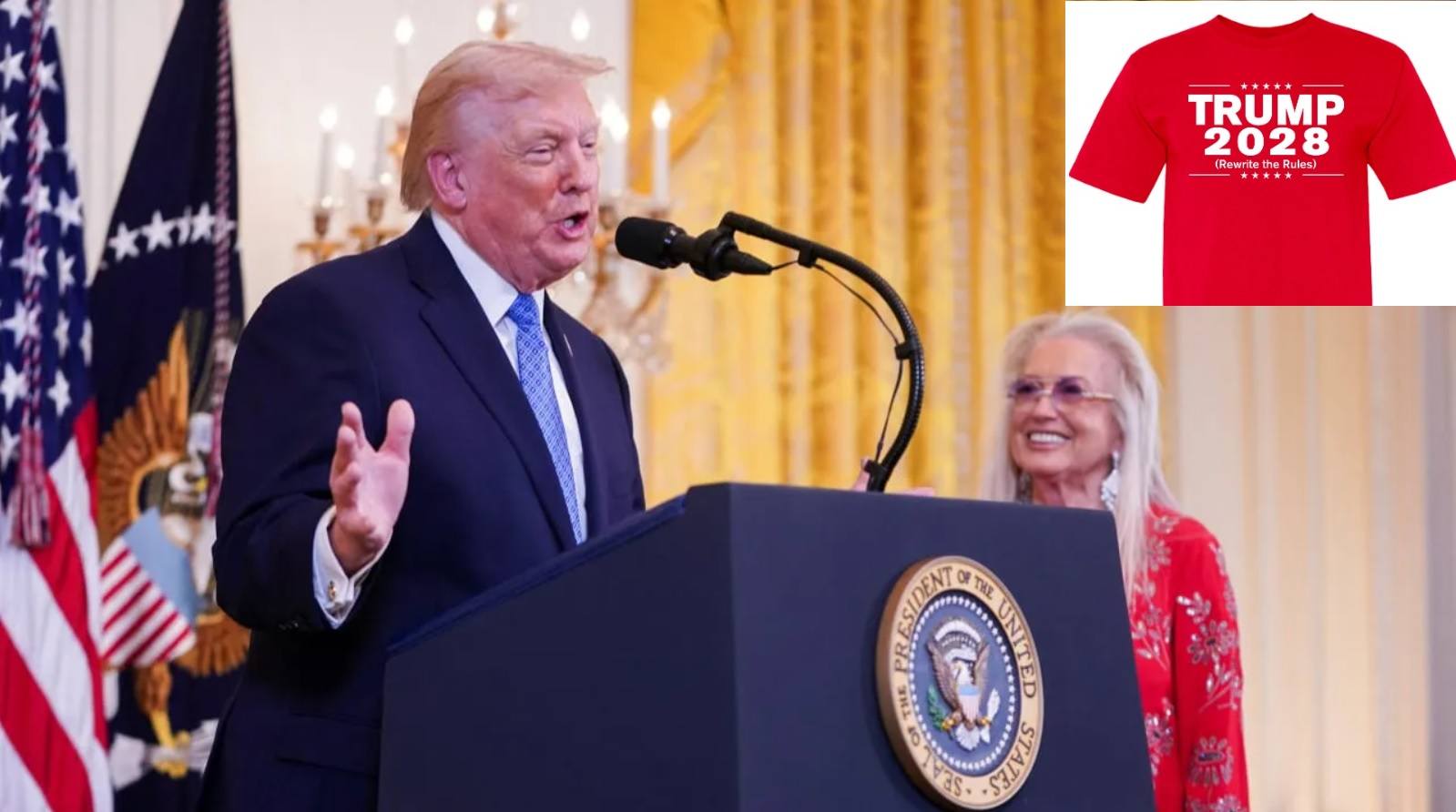 MIRIAM ADELSON looks on as US President Donald Trump speaks at a Hanukkah reception in the East Room of the White House in Washington, DC, US, December 16, 2025