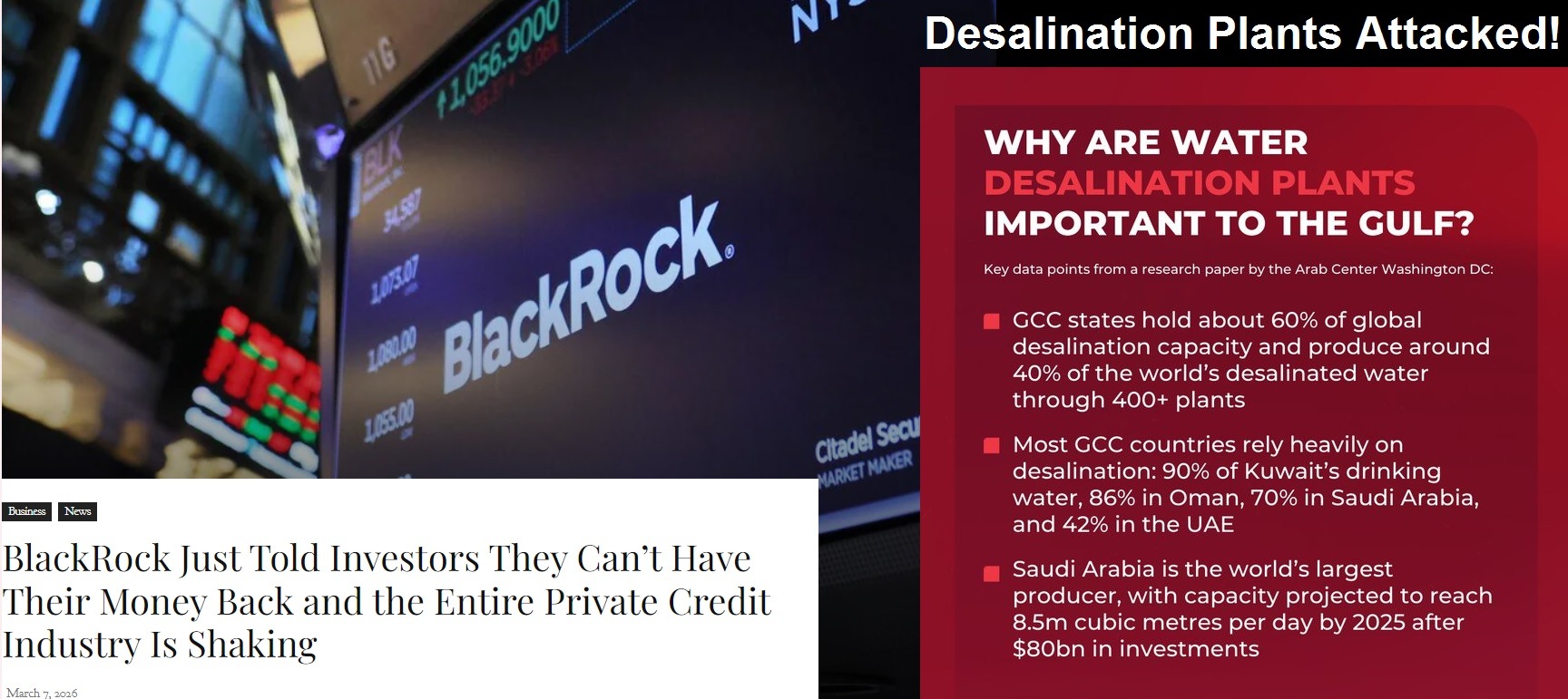 iran war updates desalination plants blackrock limits withdrawals